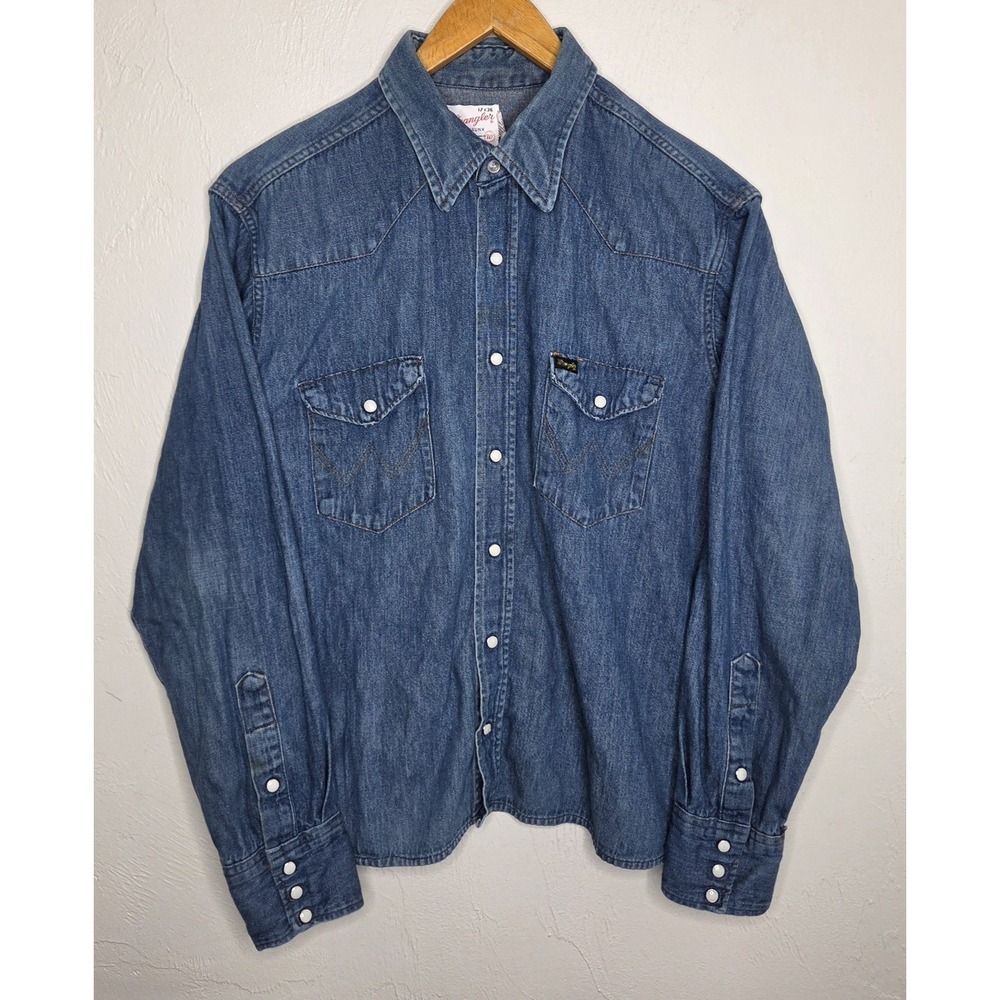 Vintage 1970's Wrangler Denim Pearl Snap Western Shirt Men's Size 17×36 Made USA